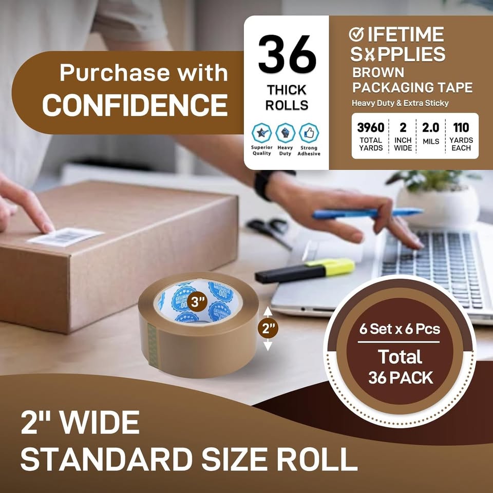 2Inch Brown Packing Tape, 2.0 Mils 110 Yards - High Tensile Strength for Shipping