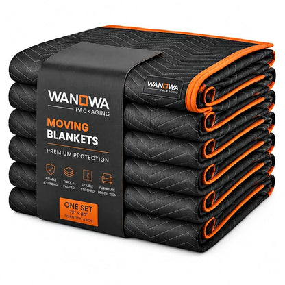 WANOWA moving blankets 6-pack, black with orange binding, 80 x 72 inch