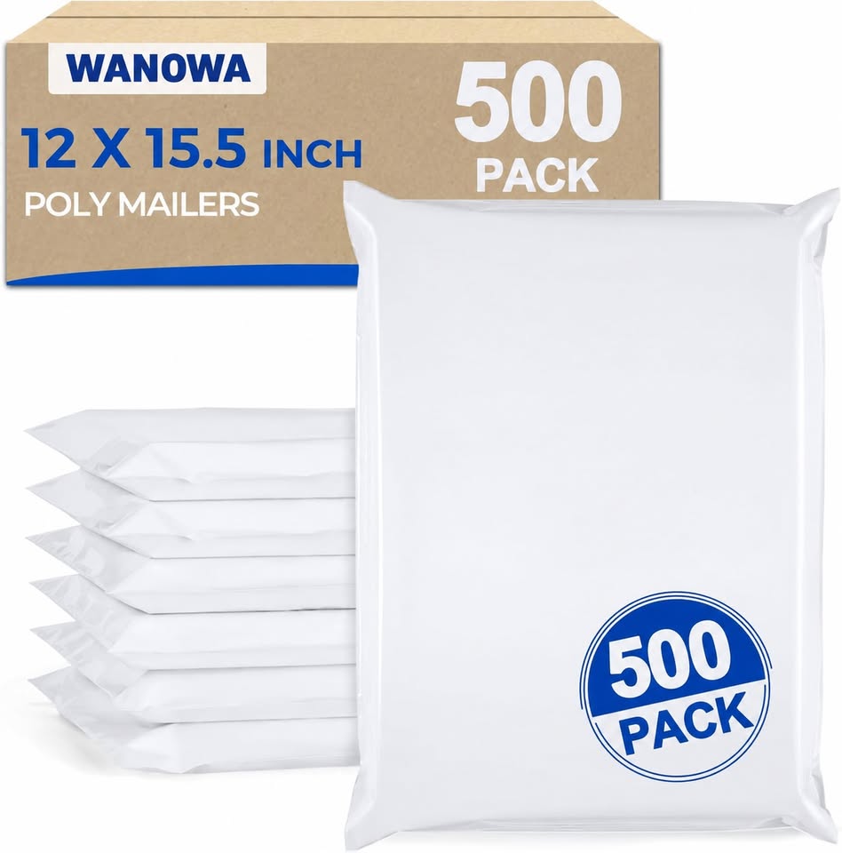 Poly Mailers 12 x 15.5 Inches, 500 Count, 2.5 Mil White Self-Seal Shipping Bags, Waterproof