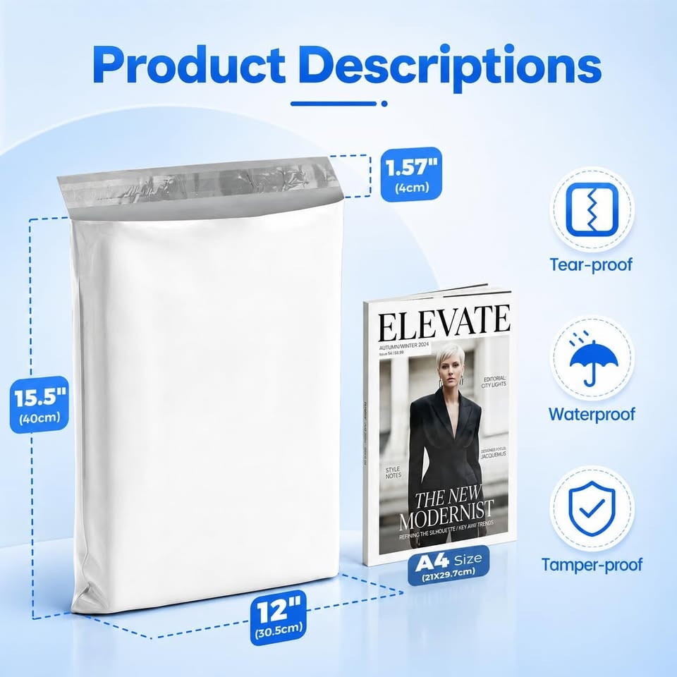 Poly Mailers 12 x 15.5 Inches, 500 Count, 2.5 Mil White Self-Seal Shipping Bags, Waterproof