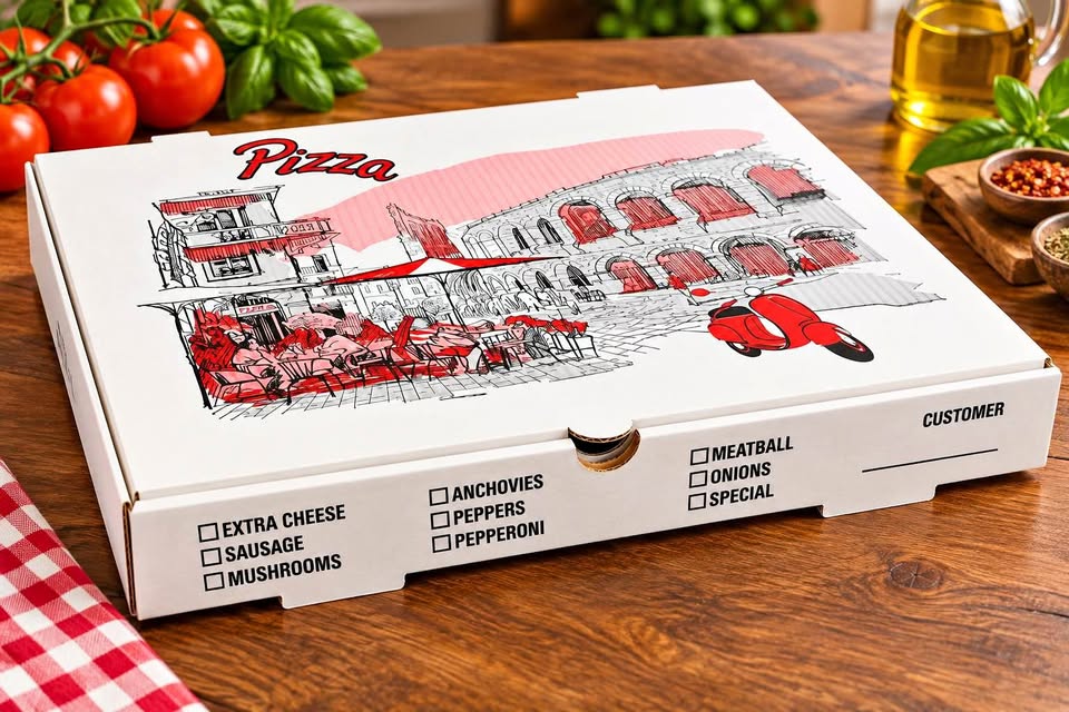 12x17 white corrugated pizza box with red and black Italian print and topping checkboxes
