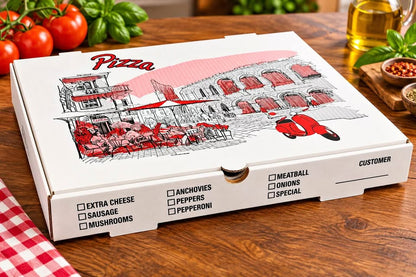 12x17 white corrugated pizza box with red and black Italian print and topping checkboxes