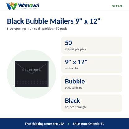 Black bubble mailer specs: 50 per pack, 9 x 12 inch, bubble padded, black not see-through