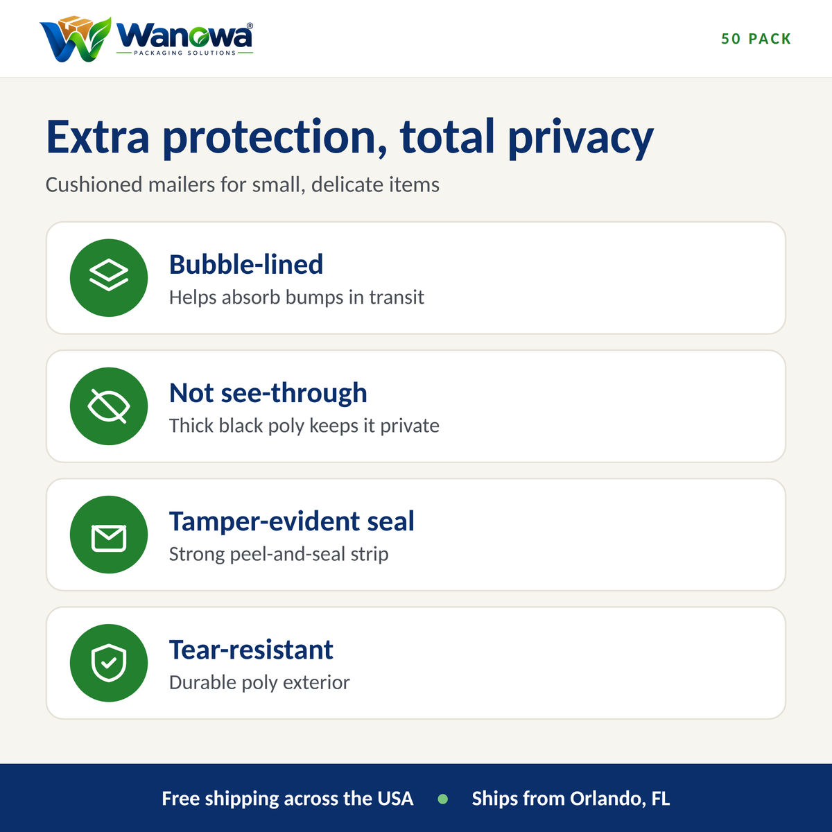 Black bubble mailer features: bubble-lined, not see-through, tamper-evident seal, tear-resistant
