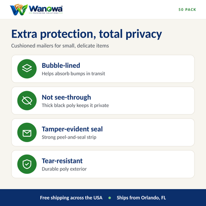 Black bubble mailer features: bubble-lined, not see-through, tamper-evident seal, tear-resistant