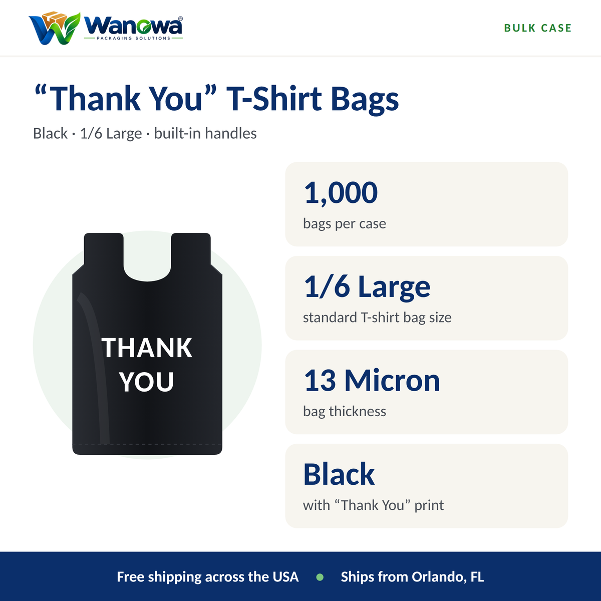 "Thank You" T-shirt bag specs: 1,000 bags per case, 1/6 large, 13 micron, black