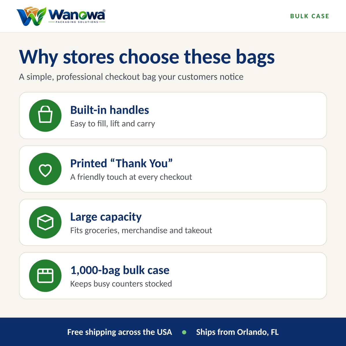 Features of "Thank You" T-shirt bags: built-in handles, printed Thank You, large capacity, 1,000-bag bulk case