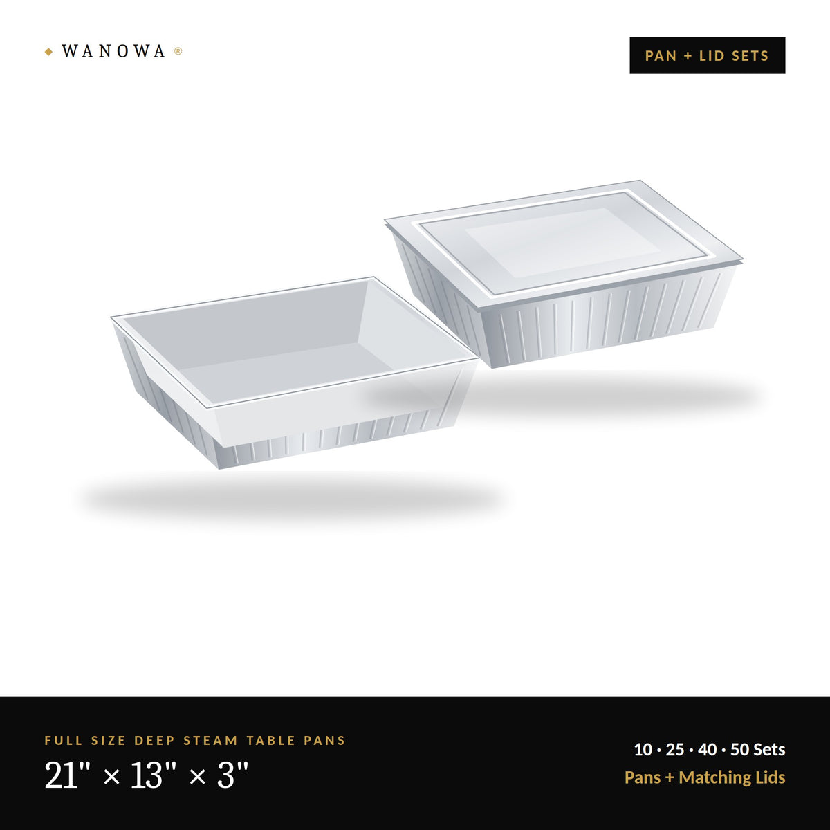 WANOWA full size deep aluminum steam table pan with matching lid, 21 x 13 x 3 inches