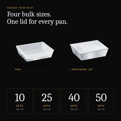 Pack options: 10, 25, 40 or 50 sets of aluminum steam table pans with lids