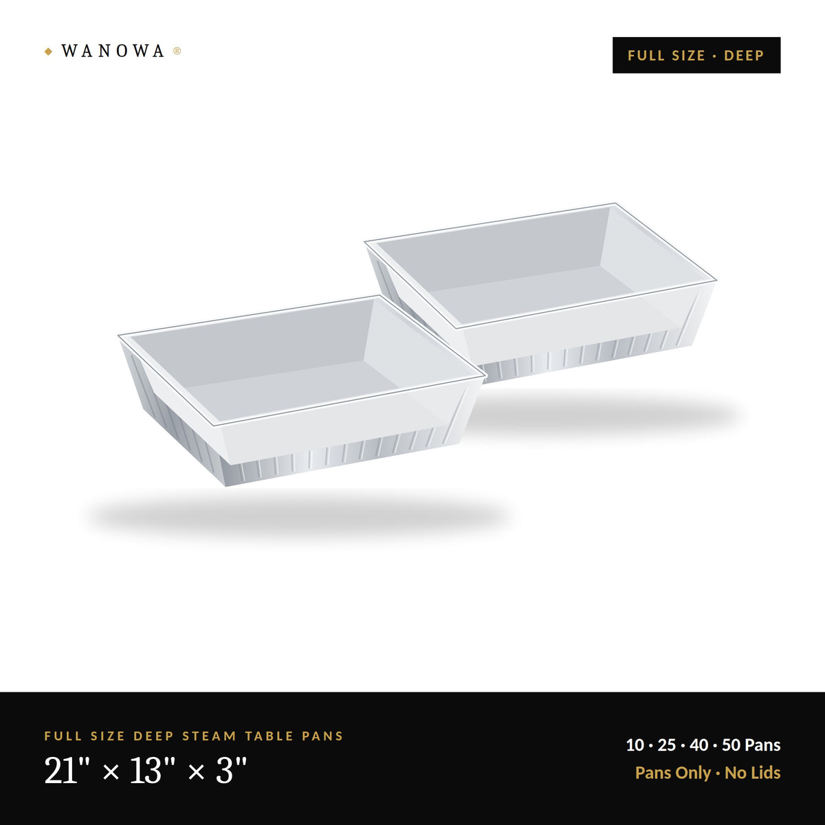 WANOWA full size deep aluminum steam table pans without lids, 21 x 13 x 3 inches