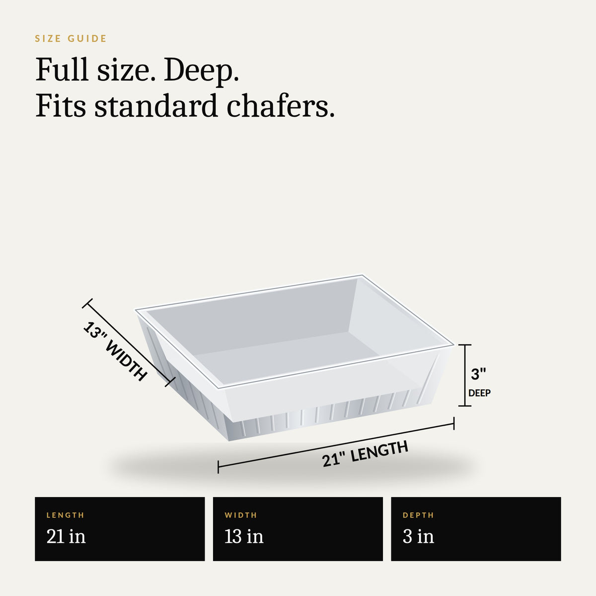Size guide: full size deep steam table pan measures 21 inches long, 13 inches wide, 3 inches deep