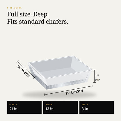 Size guide: full size deep steam table pan measures 21 inches long, 13 inches wide, 3 inches deep