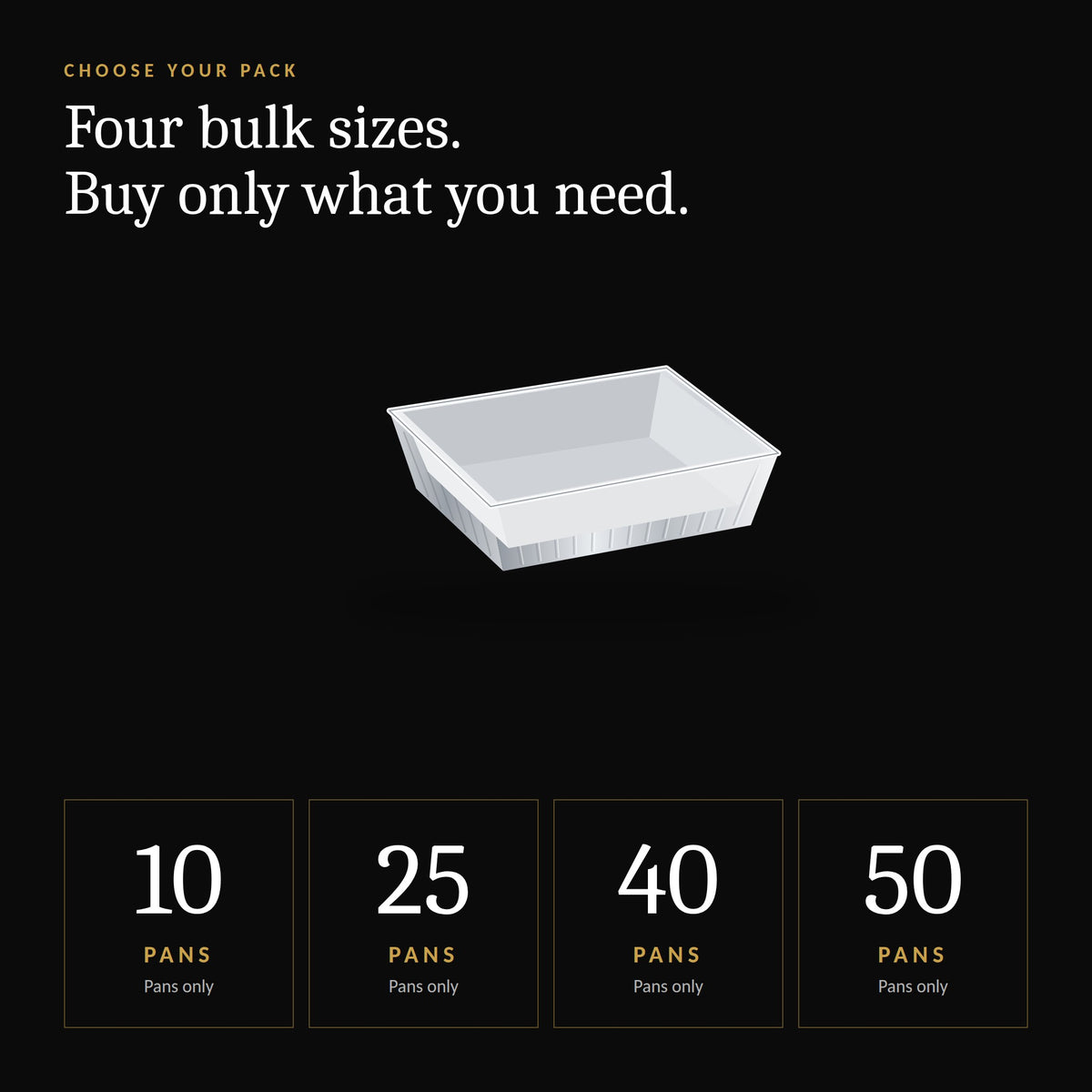 Pack options: 10, 25, 40 or 50 aluminum steam table pans, pans only