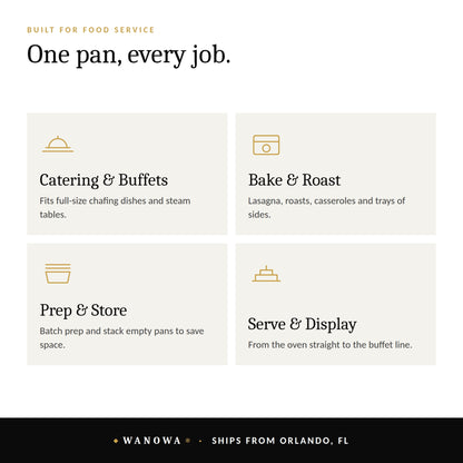 Uses: catering and buffets, baking and roasting, prep and storage, serving on the buffet line